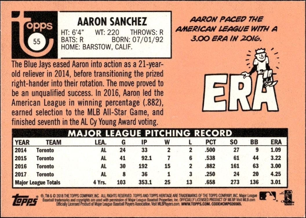 2018 Topps Heritage Aaron Sanchez #55 baseball trading card back