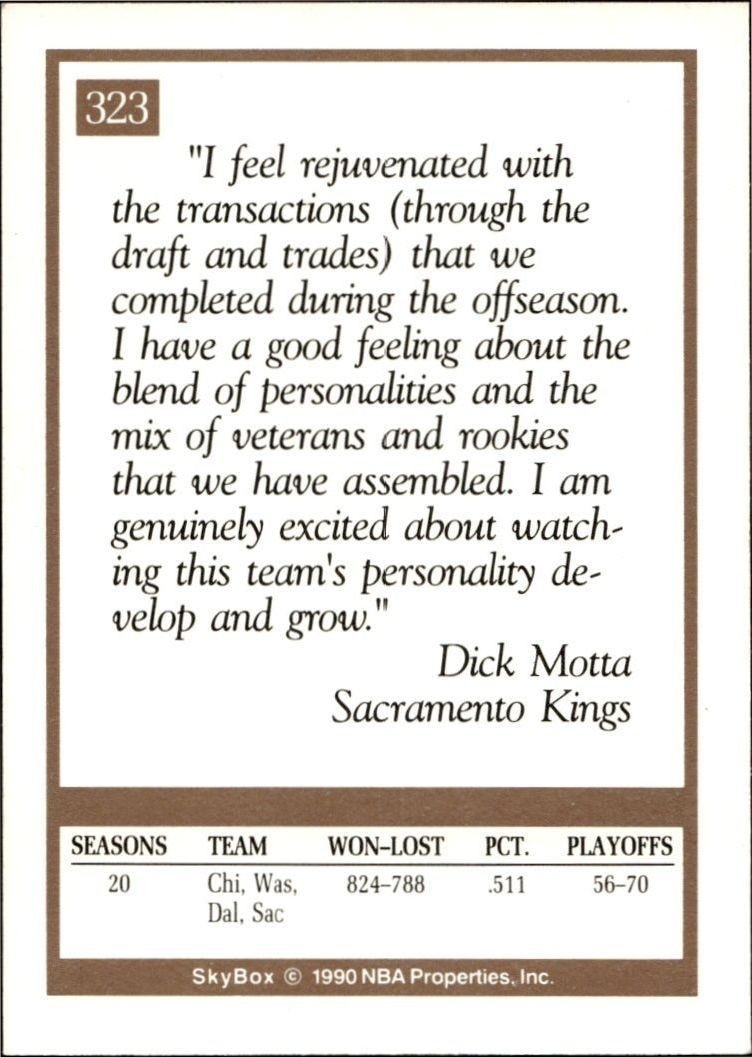 1990-91 Skybox Dick Motta #323 basketball trading card back
