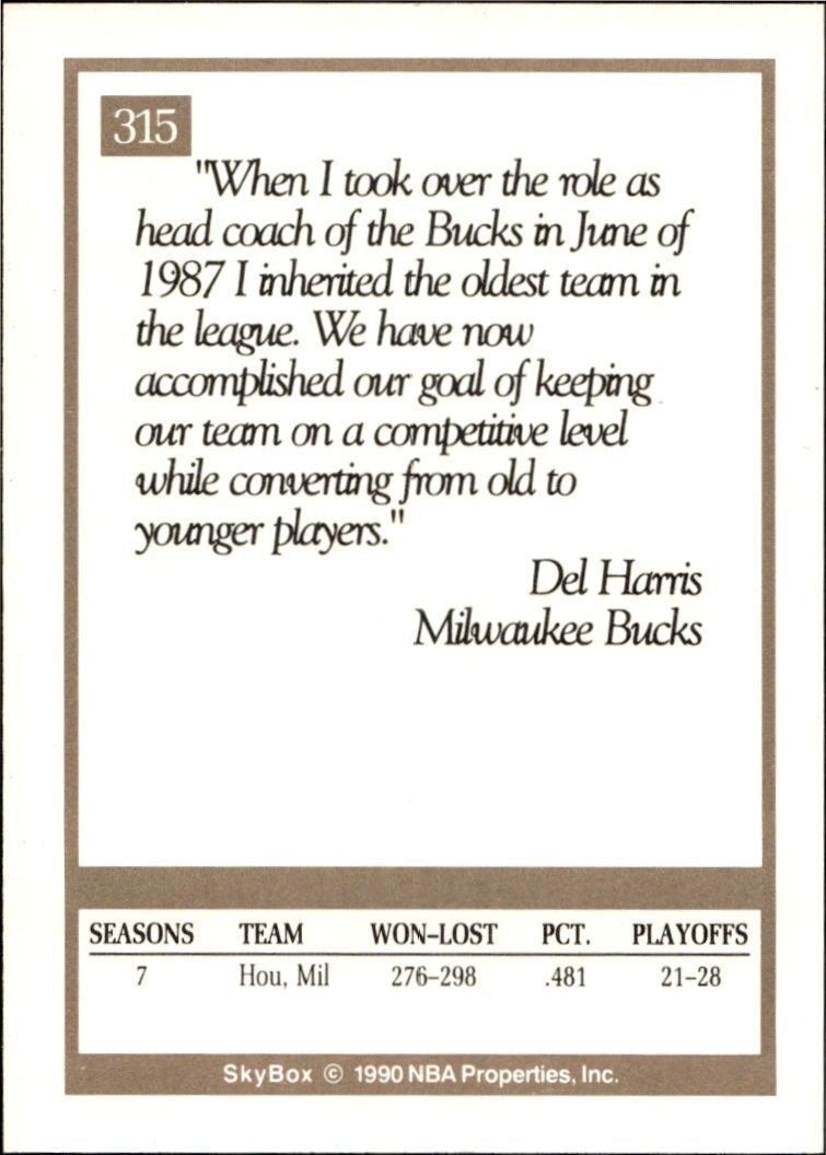 1990-91 Skybox Del Harris #315 basketball trading card back