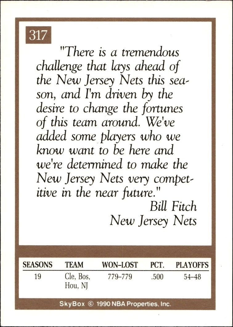 1990-91 Skybox Bill Fitch #317 basketball trading card back