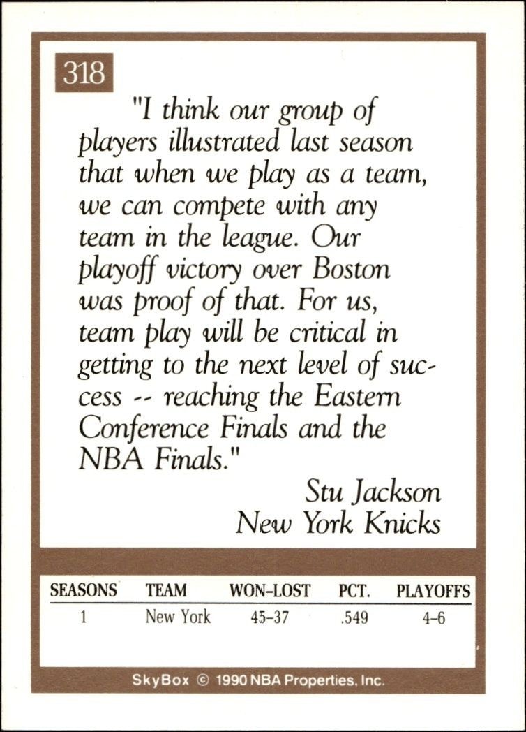 1990-91 Skybox Stu Jackson #318 basketball trading card back