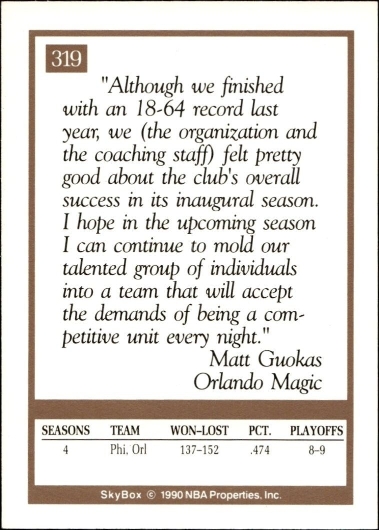 1990-91 Skybox Matt Guokas #319 basketball trading card back