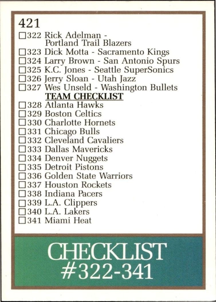 1990-91 Skybox Checklist #421 basketball trading card back