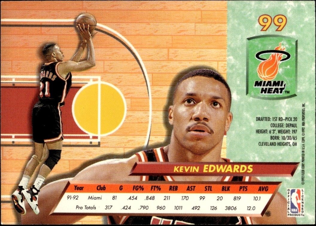1992-93 Fleer Ultra Kevin Edwards #99 basketball trading card back
