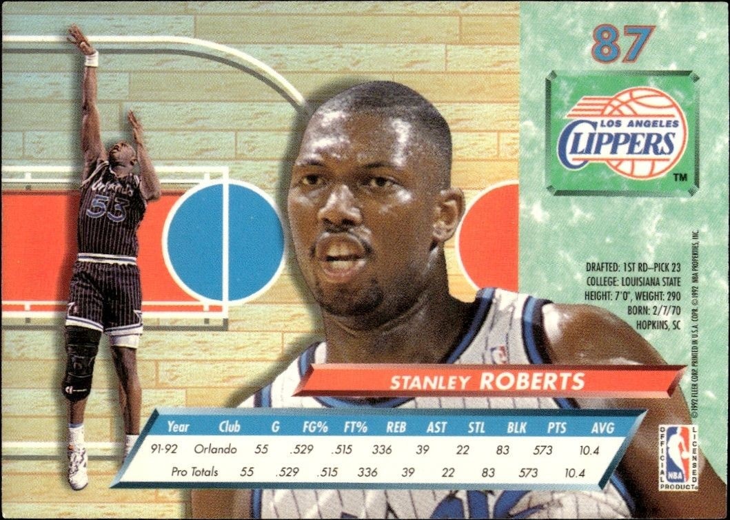 1992-93 Fleer Ultra Stanley Roberts #87 basketball trading card back