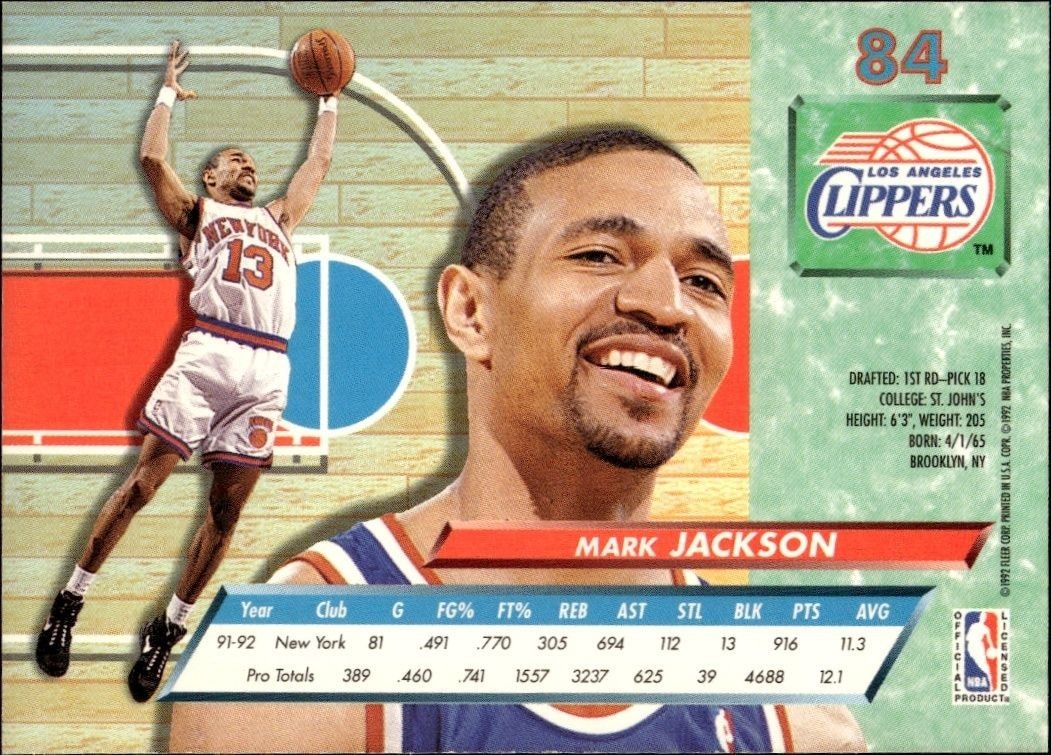 1992-93 Fleer Ultra Mark Jackson #84 basketball trading card back