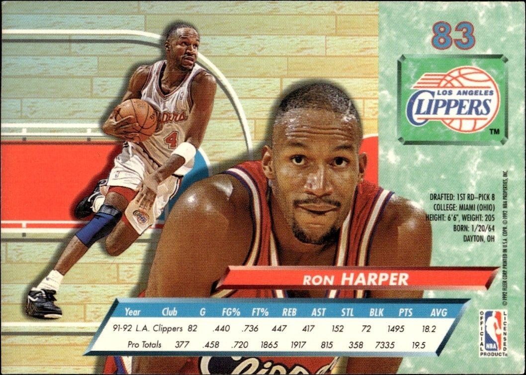 1992-93 Fleer Ultra Ron Harper #83 basketball trading card back