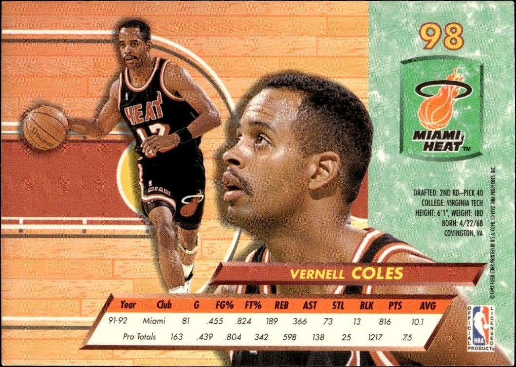 1992-93 Fleer Ultra Vernell Coles #98 basketball trading card back