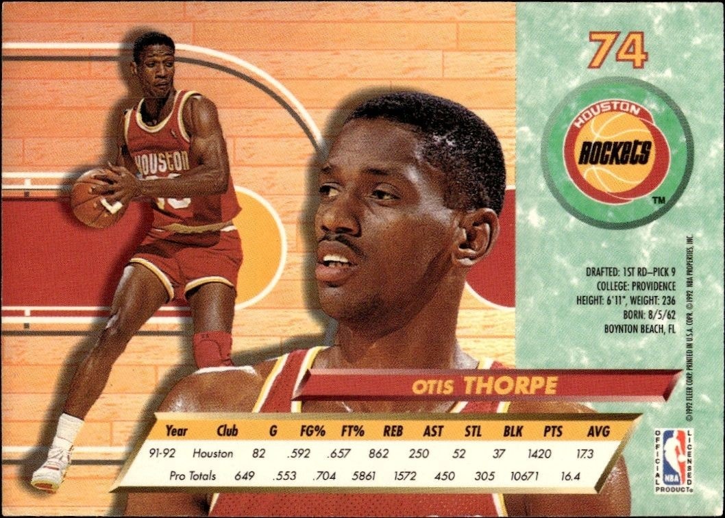 1992-93 Fleer Ultra Otis Thorpe #74 basketball trading card back