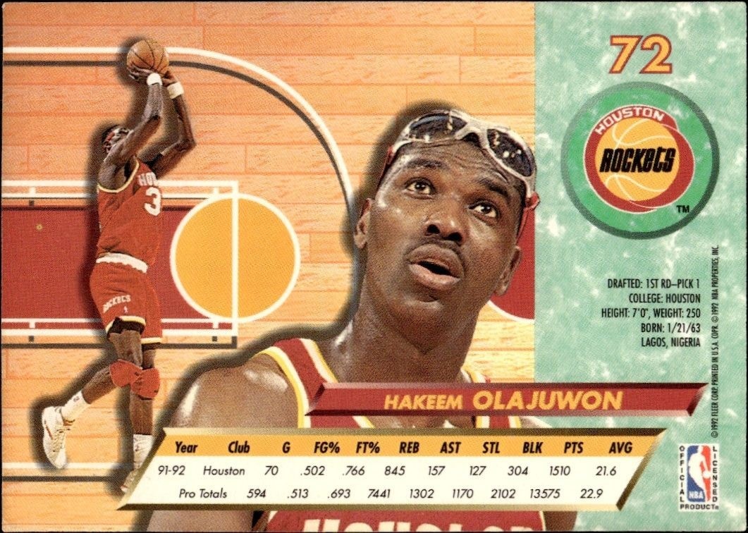 1992-93 Fleer Ultra Hakeem Olajuwon #72 basketball trading card back