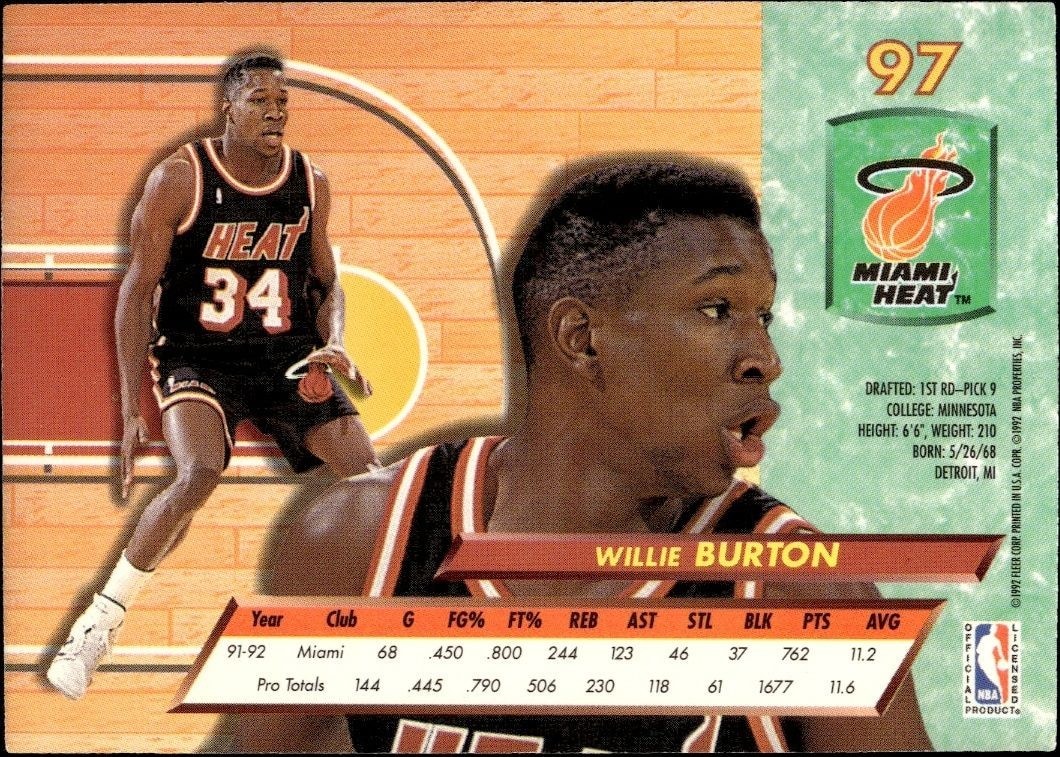 1992-93 Fleer Ultra Willie Burton #97 basketball trading card back