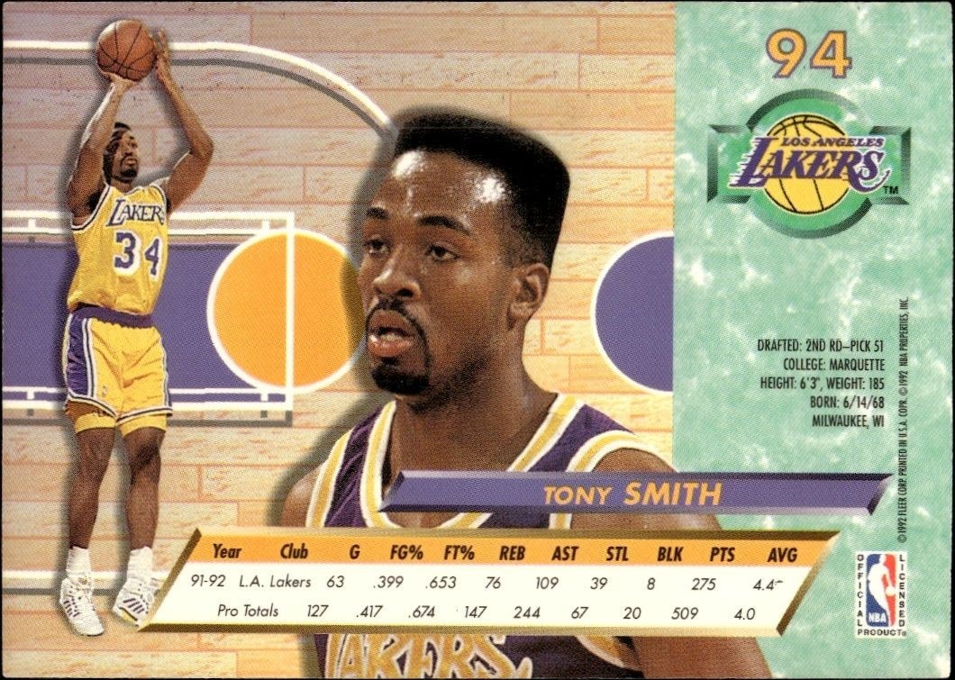 1992-93 Fleer Ultra Ultra Tony Smith #94 basketball trading card back