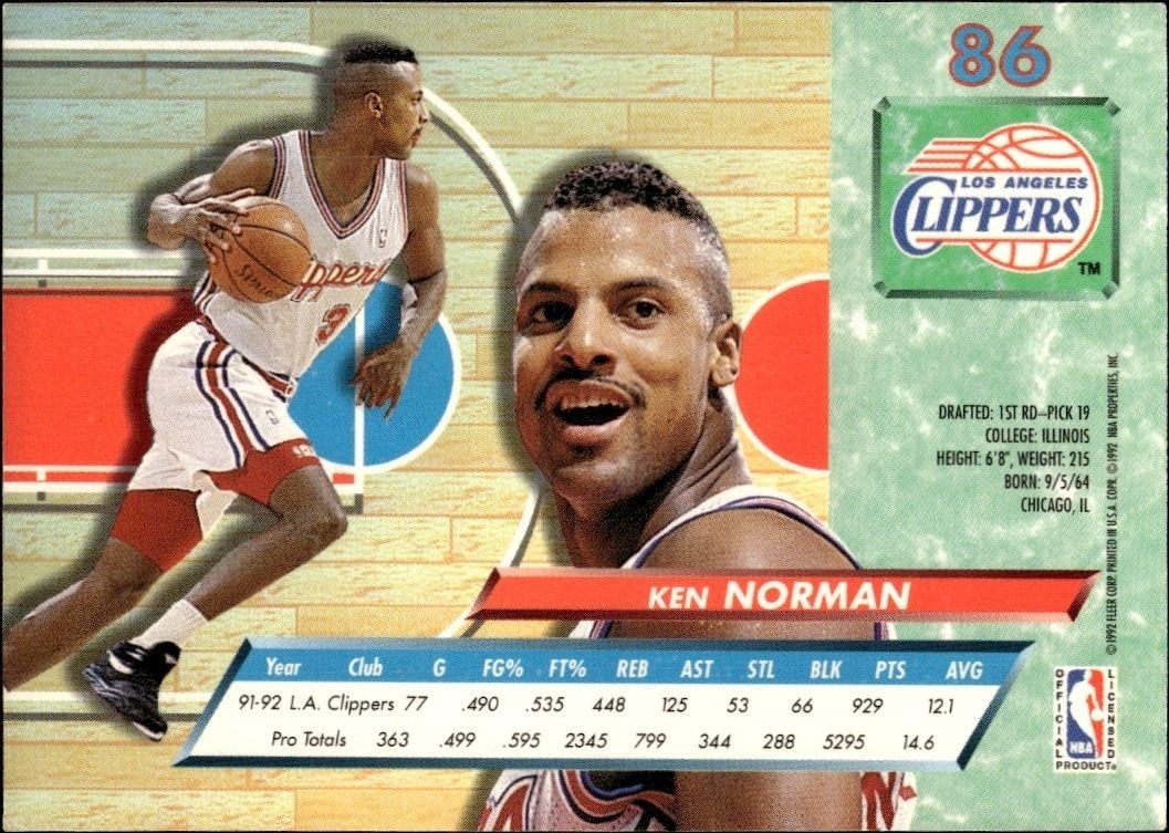 1992-93 Fleer Ultra Ken Norman #86 basketball trading card back