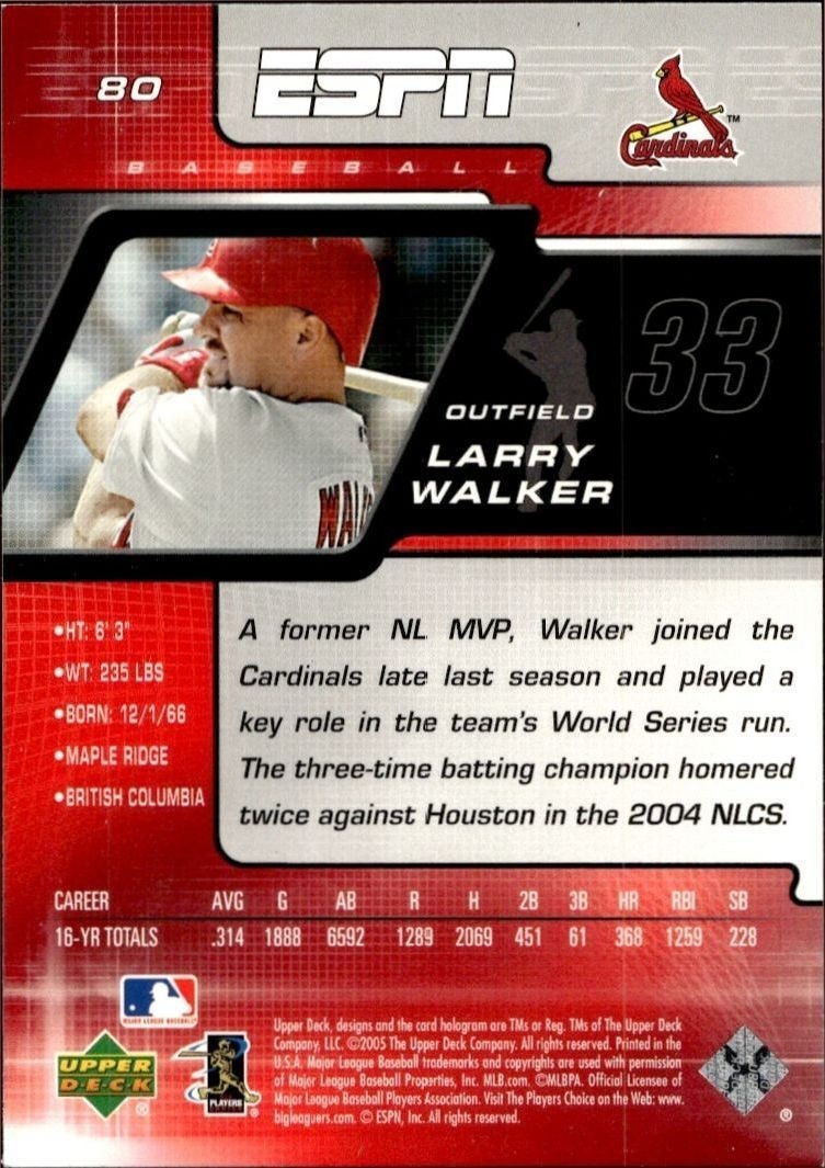2005 Upper Deck ESPN Larry Walker #80 baseball trading card back