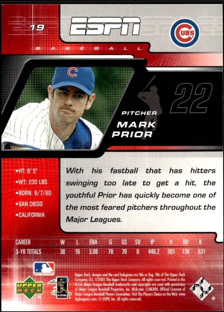 2005 Upper Deck ESPN Mark Prior #19 baseball trading card back