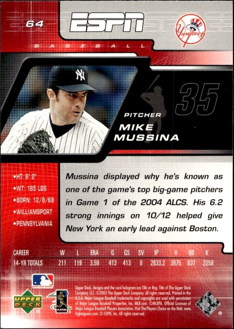 2005 Upper Deck ESPN Mike Mussina #64 baseball trading card back