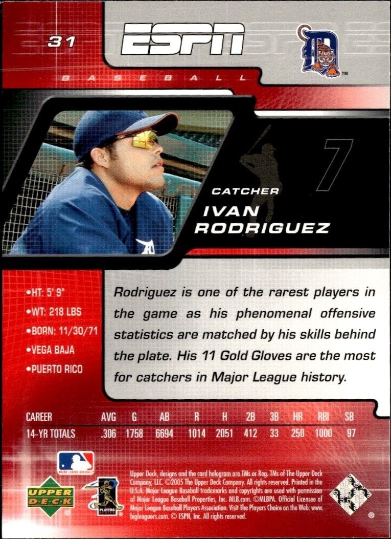2005 Upper Deck ESPN Ivan Rodriguez #31 baseball trading card back