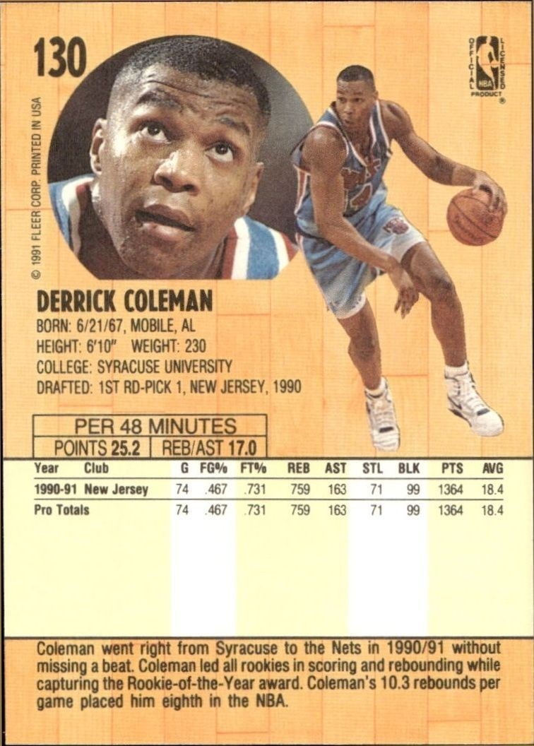 1991-92 Fleer Derrick Coleman #130 basketball trading card back