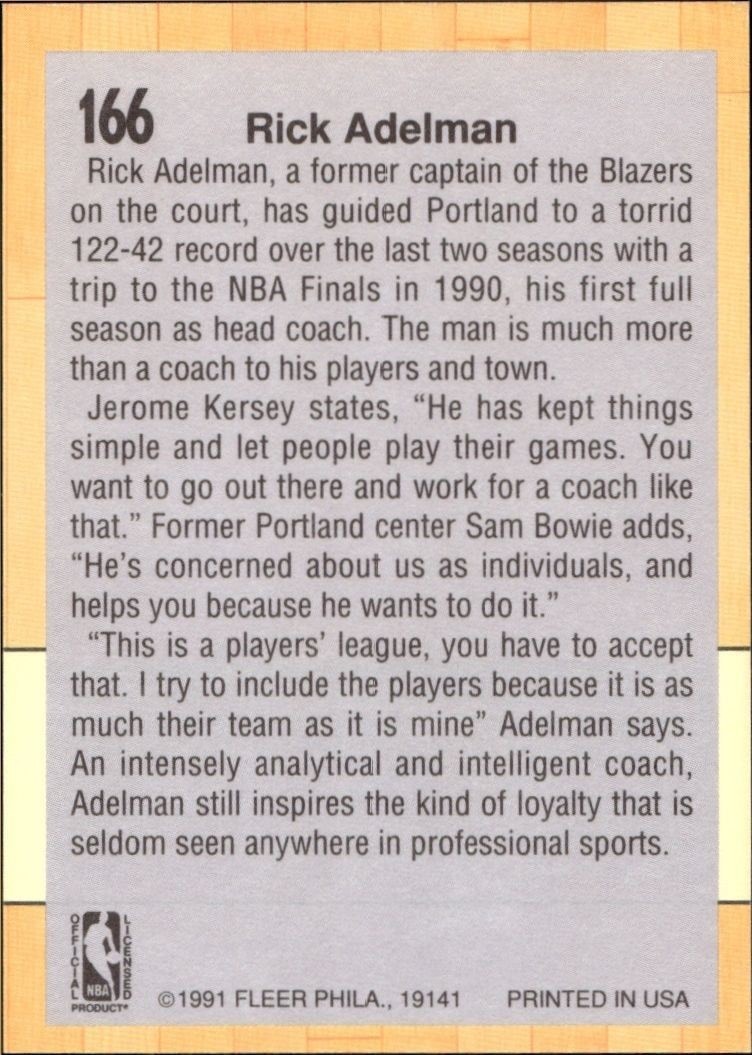 1991-92 Fleer Rick Adelman #166 basketball trading card back