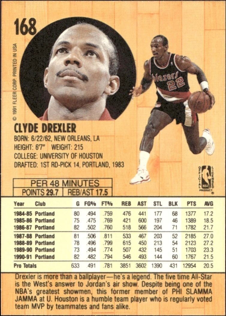 1991-92 Fleer Clyde Drexler #168 basketball trading card back