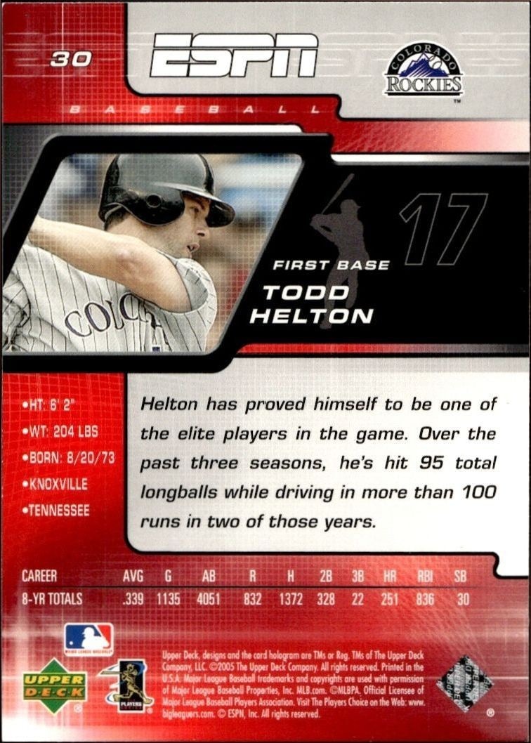 2005 Upper Deck ESPN Todd Helton #30 baseball trading card back