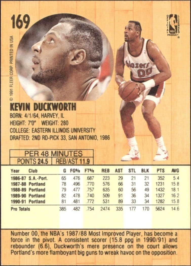 1991-92 Fleer Kevin Duckworth #169 basketball trading card back
