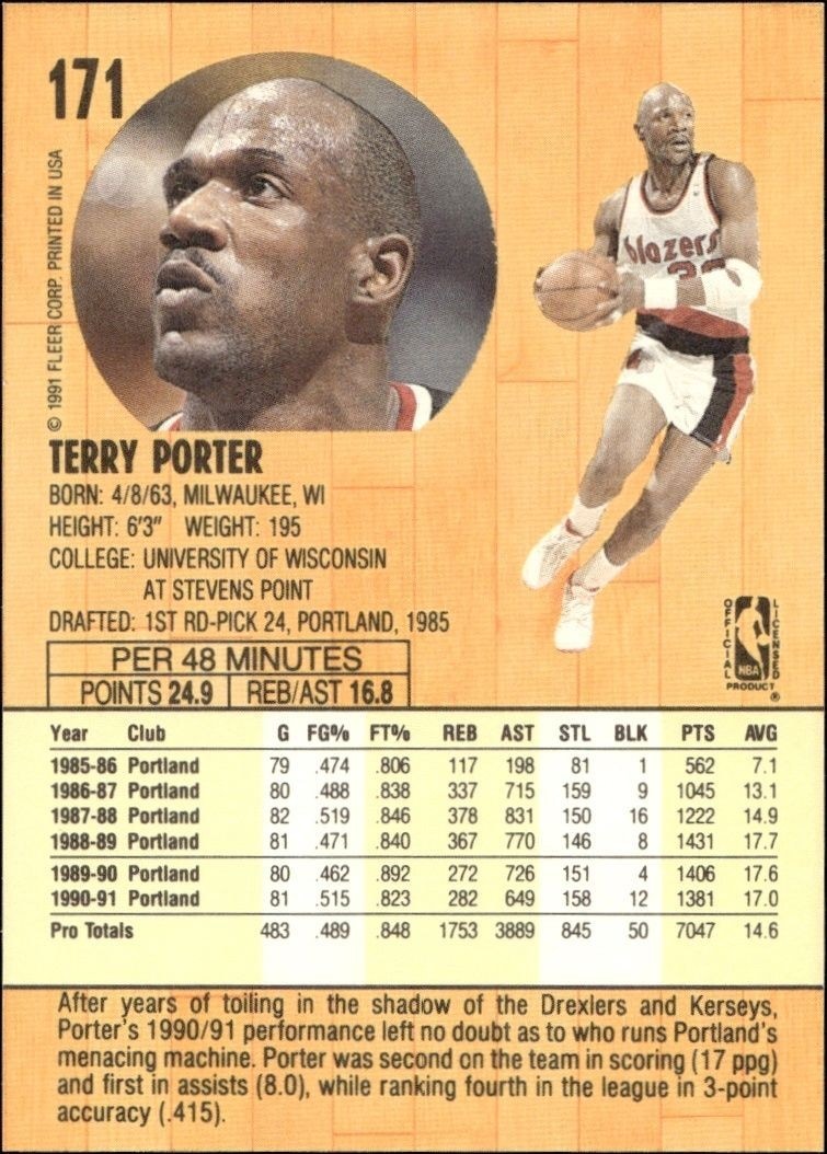 1991-92 Fleer Terry Porter #171 basketball trading card back