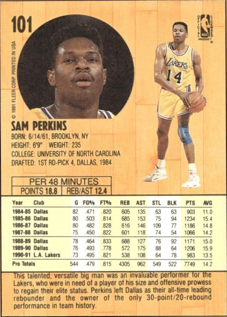 1991-92 Fleer Sam Perkins #101 basketball trading card back