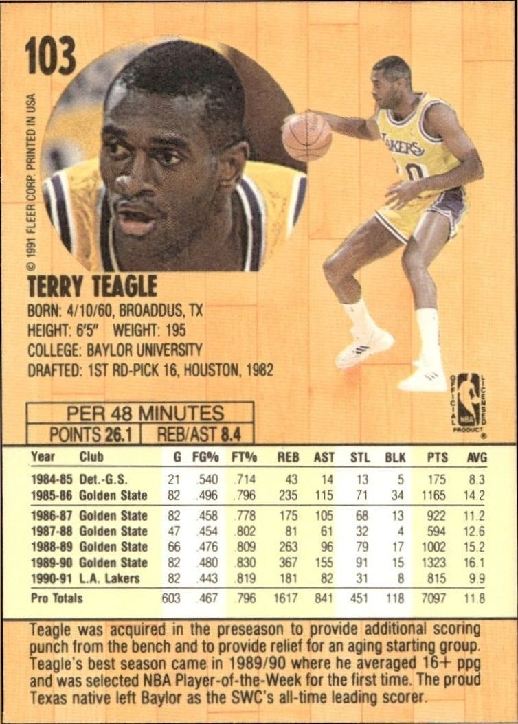 1991-92 Fleer Terry Teagle #103 basketball trading card back