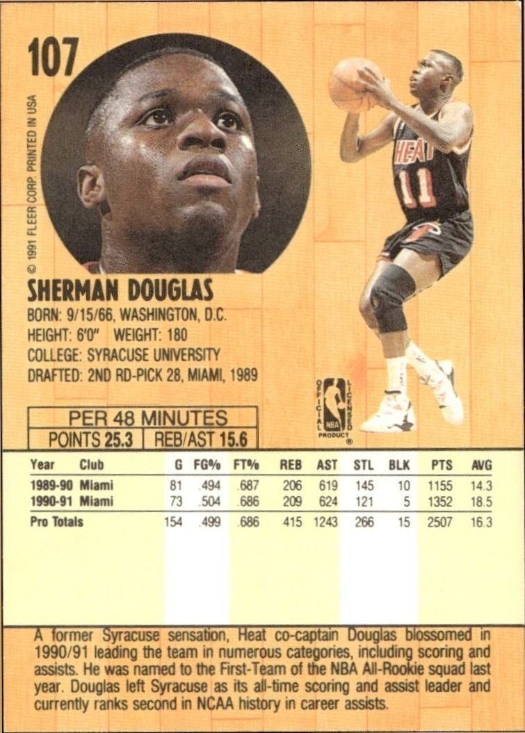 1991-92 Fleer Sherman Douglas #107 basketball trading card back