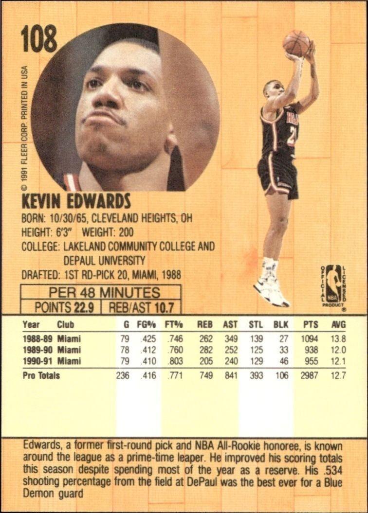 1991-92 Fleer Kevin Edwards #108 basketball trading card back