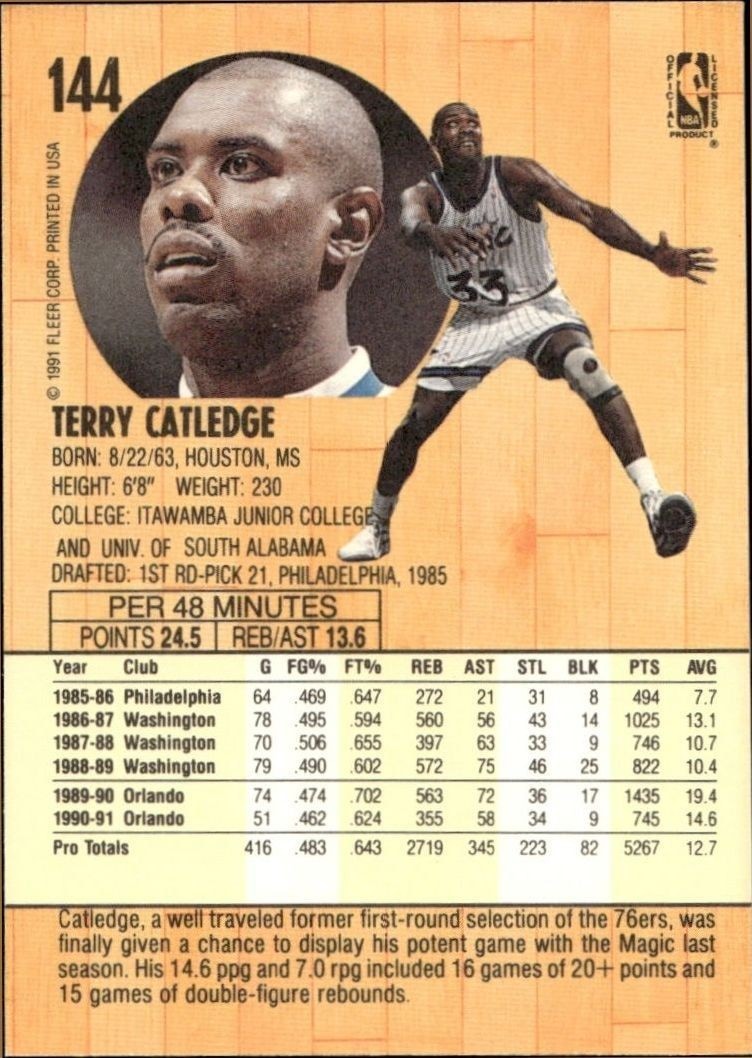 1991-92 Fleer Terry Catledge #144 basketball trading card back