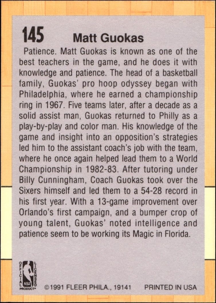 1991-92 Fleer Matt Guokas #145 basketball trading card back