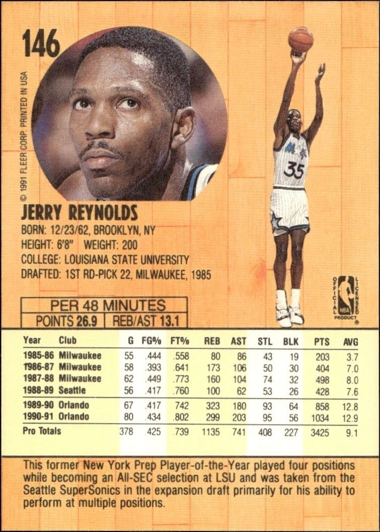 1991-92 Fleer Jerry Reynolds #146 basketball trading card back