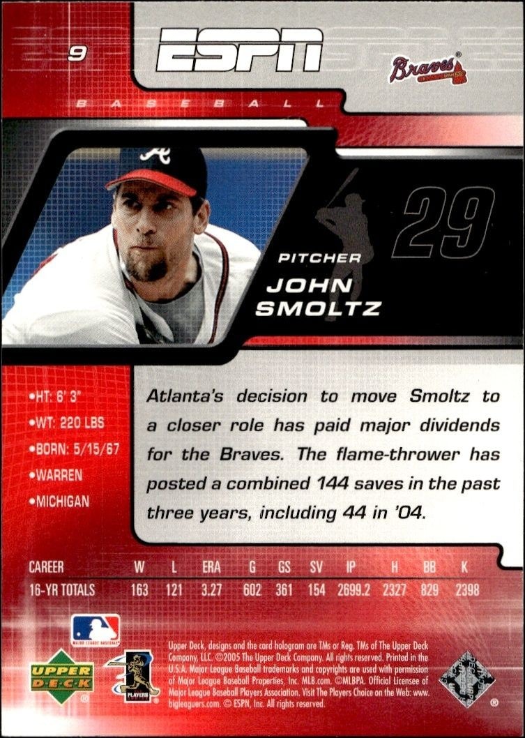 2005 Upper Deck ESPN John Smoltz #9 baseball trading card back