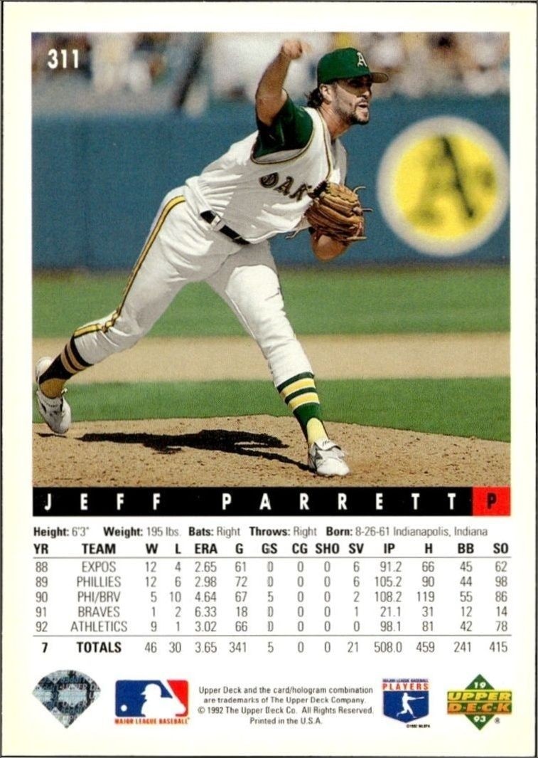 1993 Upper Deck Jeff Parrett #311 baseball trading card back