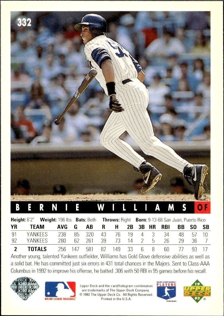 1993 Upper Deck Bernie Williams #332 baseball trading card back