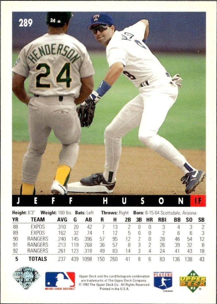 1993 Upper Deck Jeff Huson #289 baseball trading card back