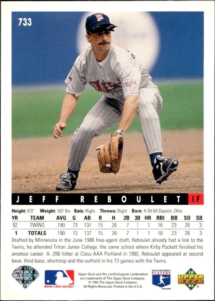 1993 Upper Deck Jeff Reboulet #733 baseball trading card back