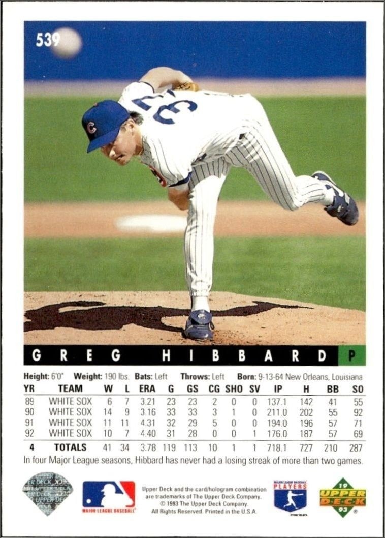 1993 Upper Deck Greg Hibbard #539 baseball trading card back