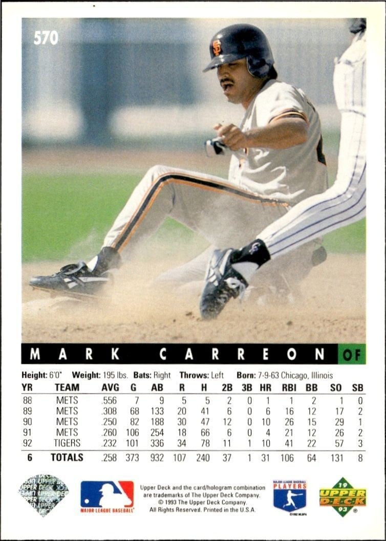 1993 Upper Deck Mark Carreon #570 baseball trading card back