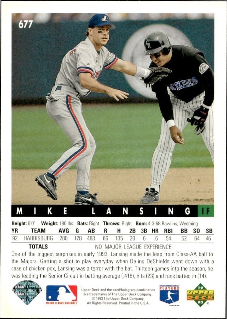 1993 Upper Deck Mike Lansing #677 baseball trading card back