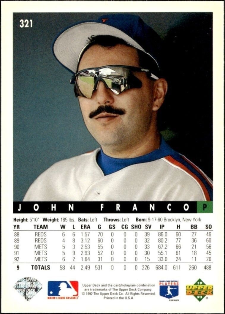 1993 Upper Deck John Franco #321 baseball trading card back