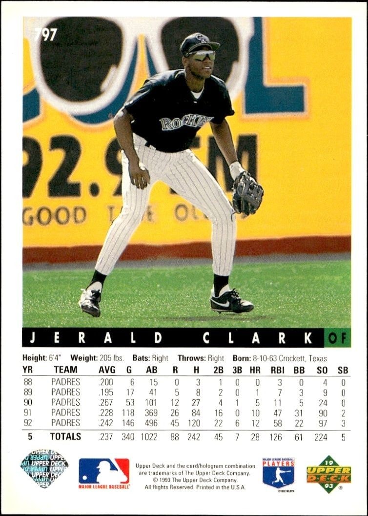 1993 Upper Deck Jerald Clark #797 baseball trading card back