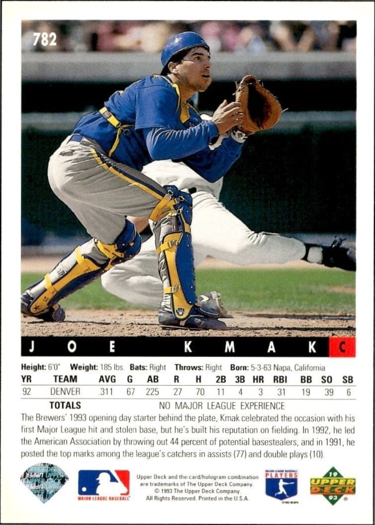 1993 Upper Deck Joe Kmak #782 baseball trading card back