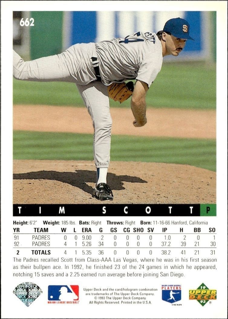 1993 Upper Deck Tim Scott #662 baseball trading card back
