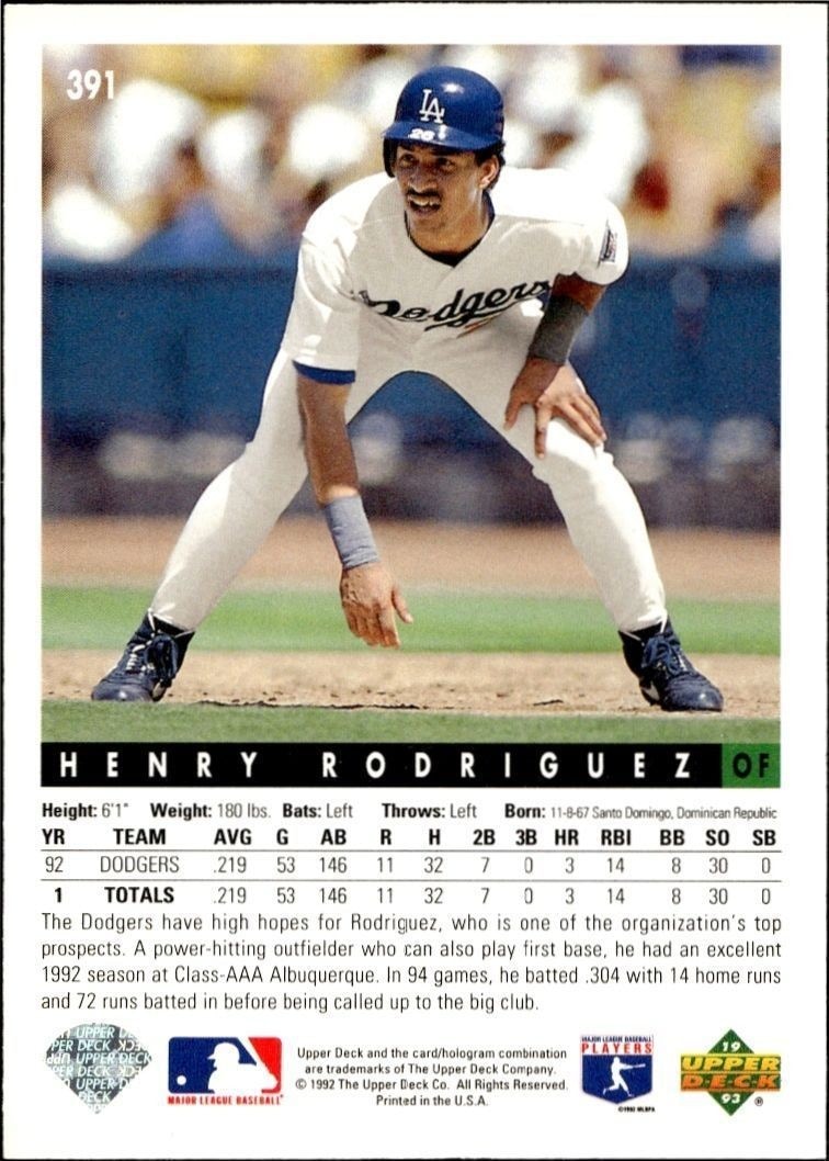 1993 Upper Deck Henry Rodriguez #391 baseball trading card back