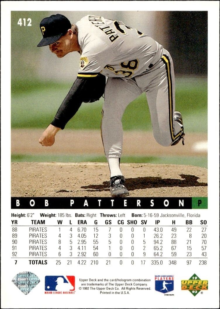 1993 Upper Deck Bob Patterson #412 baseball trading card back