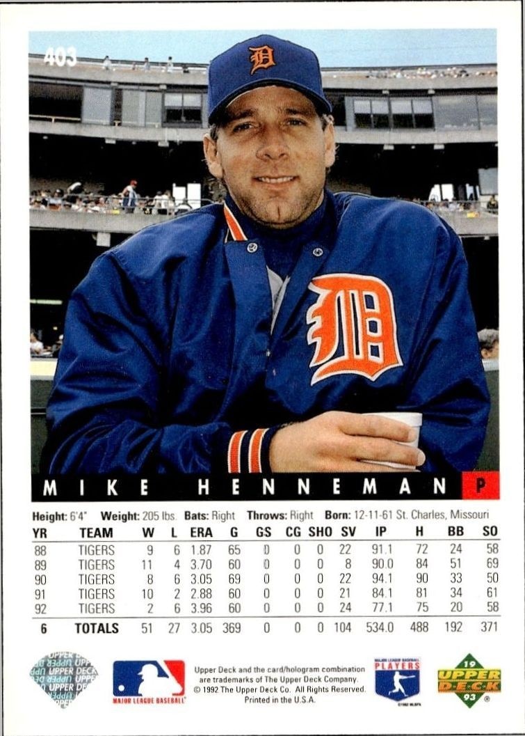1993 Upper Deck Mike Henneman #403 baseball trading card back
