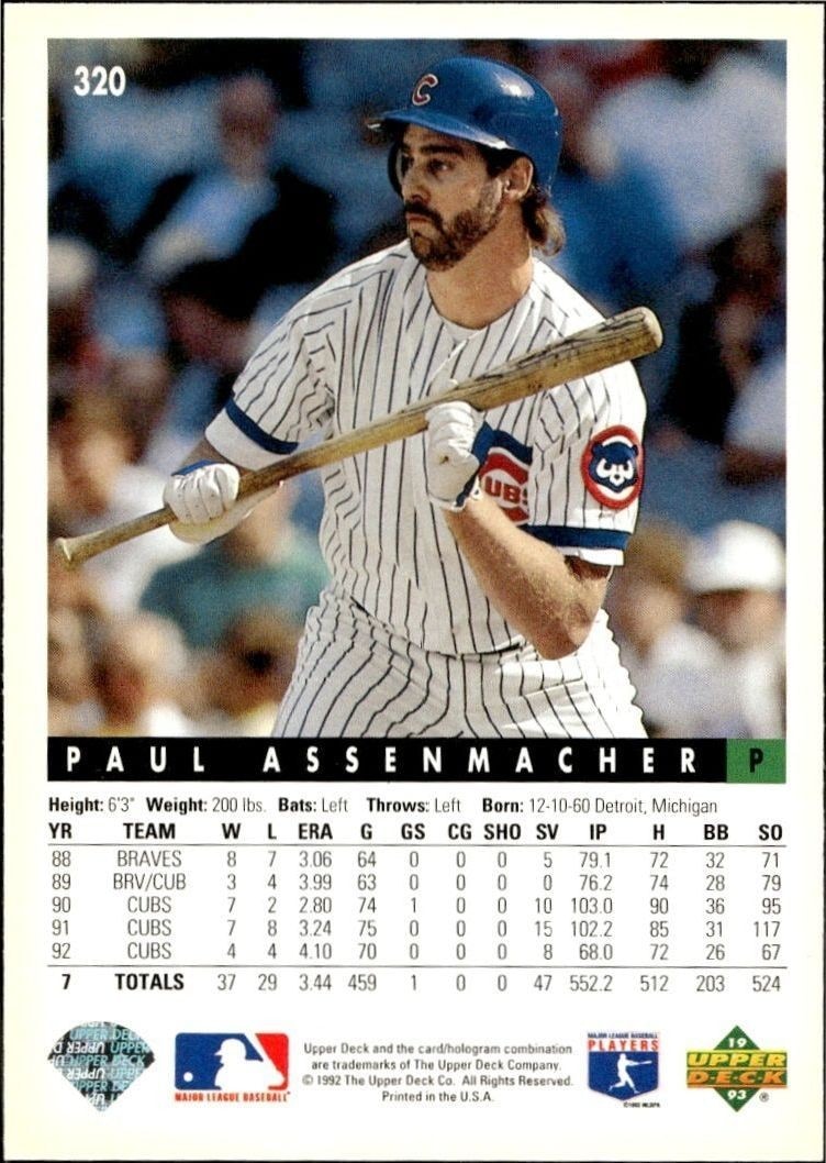 1993 Upper Deck Paul Assenmacher #320 baseball trading card back